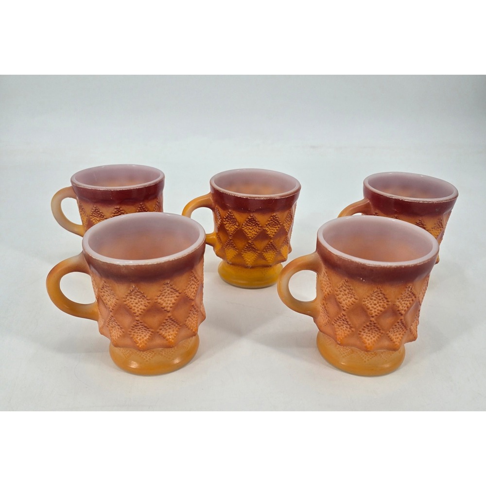 Vintage Fire-King Kimberly Red Orange Ombre Mugs Set of 5 Coffee Cups